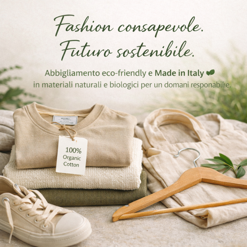 SFONDO BUCOLICO COLORI NEUTRI CON IMMAGINE DI ABBIGLIAMENTO IN FIBRA NATURALE, GRUCCE MARRONI E SCARPE BIANCHE. SCRITTA FASHION CONSAPEVOLE FUTURO SOSTENIBILE IN VERDE SCURO