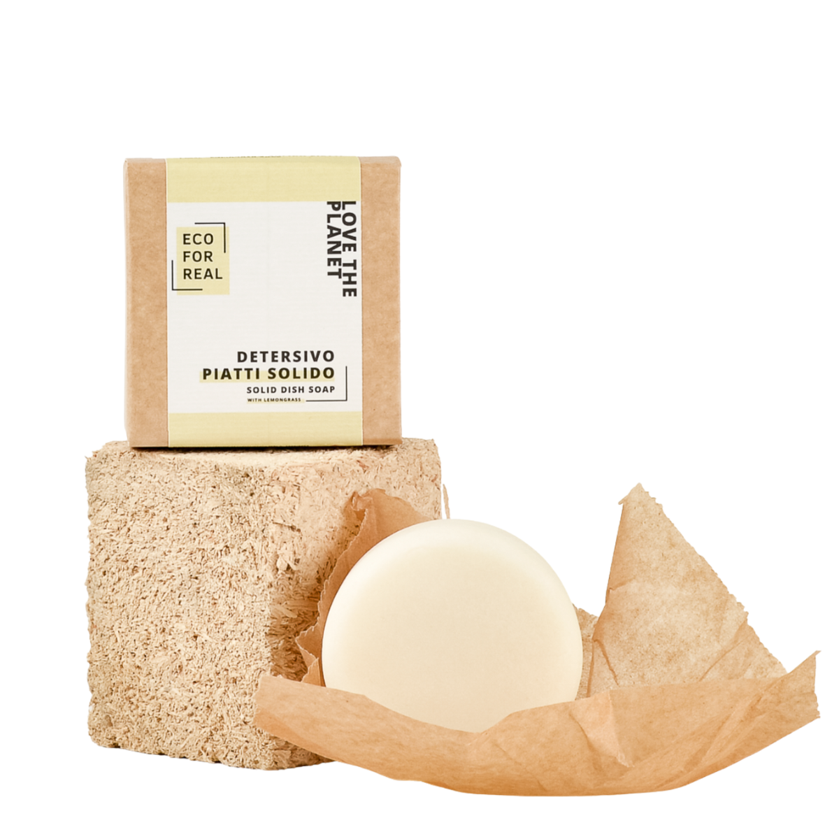ECO FOR REAL: Detersivo solido piatti bianco forma tonda. etichetta bianca e incarto marrone