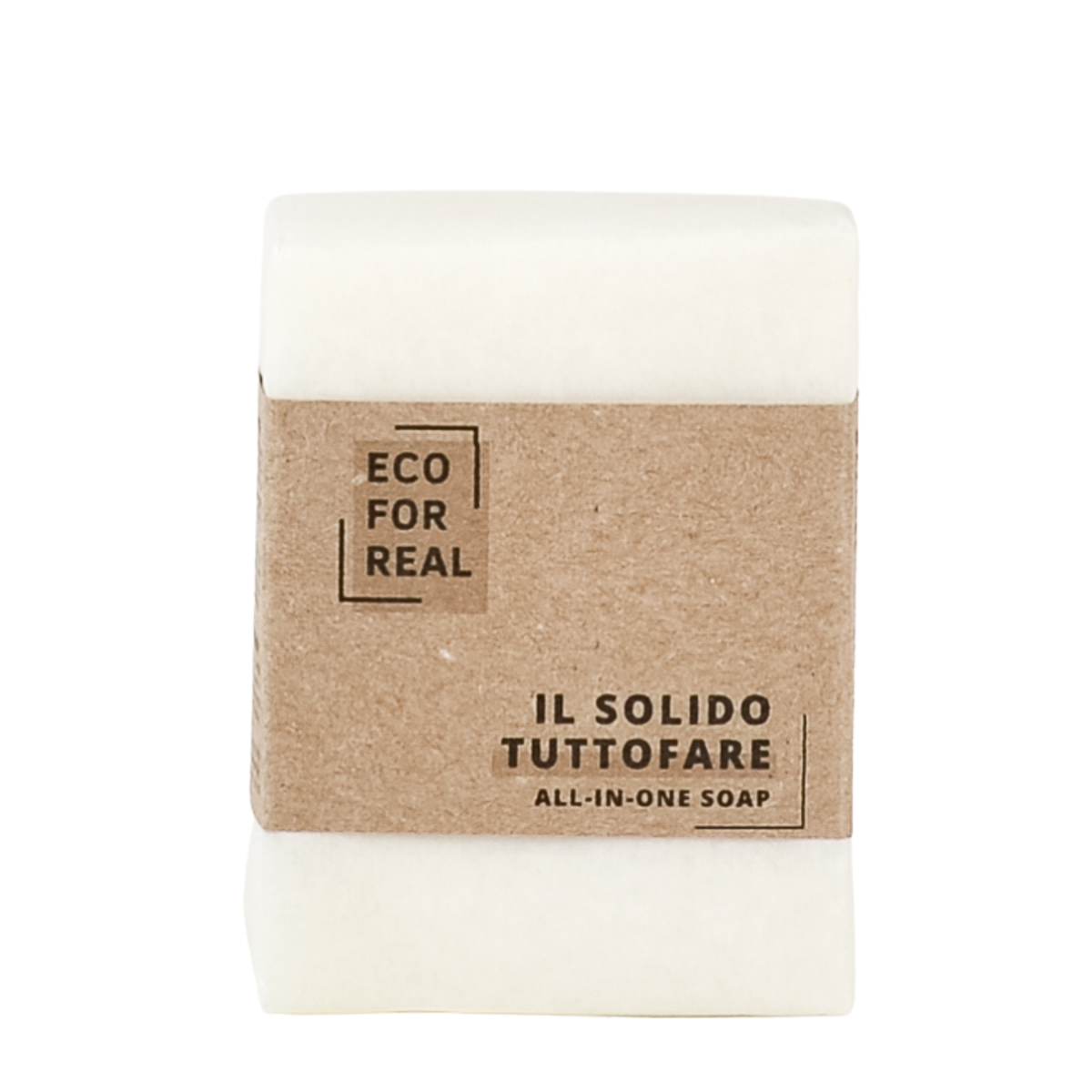 ECO FOR REAL: Sapone Tuttofare base marsiglia. bianco forma rettangolare. etichetta in carta marrone con logo e nome prodotto