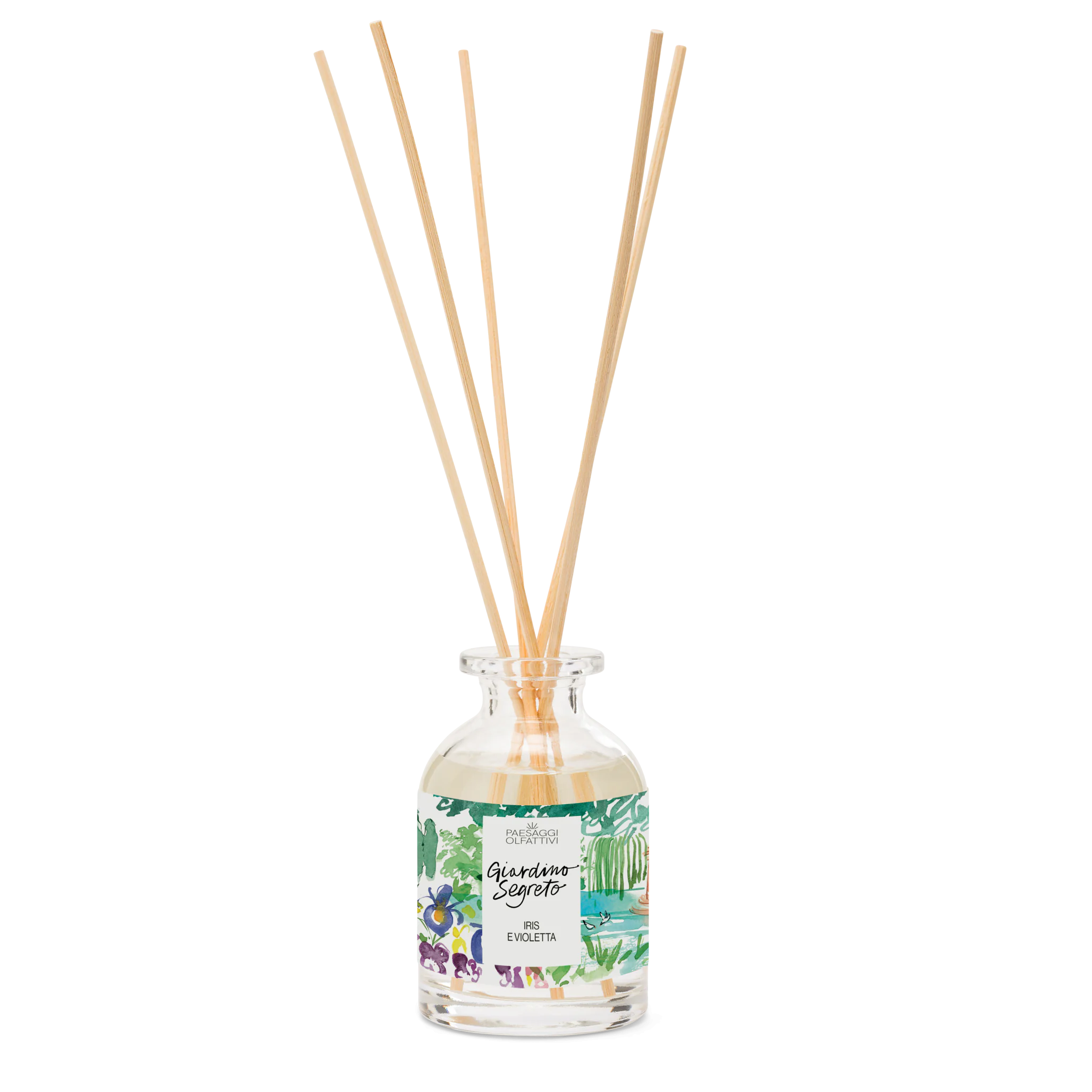Profumatore d’ambiente Domea Giardino Segreto con bastoncini diffusori, flacone elegante ed etichetta ispirata alla natura e al legno.