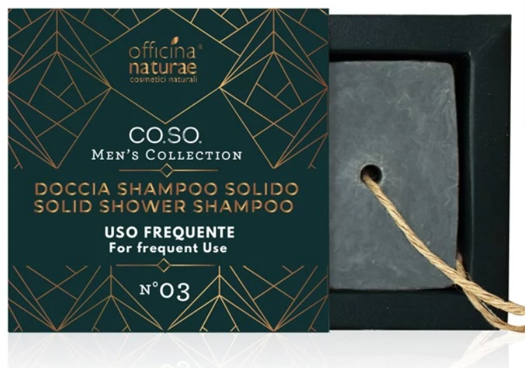 OFFICINA NATURAE: Doccia Shampoo Solido Uomo N°03.con cordino in paglia. colore grigio scuro.forma squadrata. in confezione i cartone color petrolio con scritte dorate