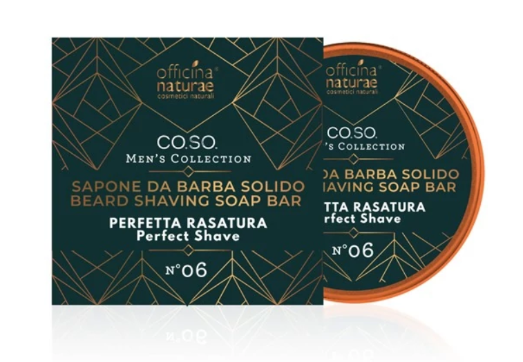 sapone da barba solido numero 6 uomo officina naturae. in confezione di alluminio color bronzo e petrolio tonda.
