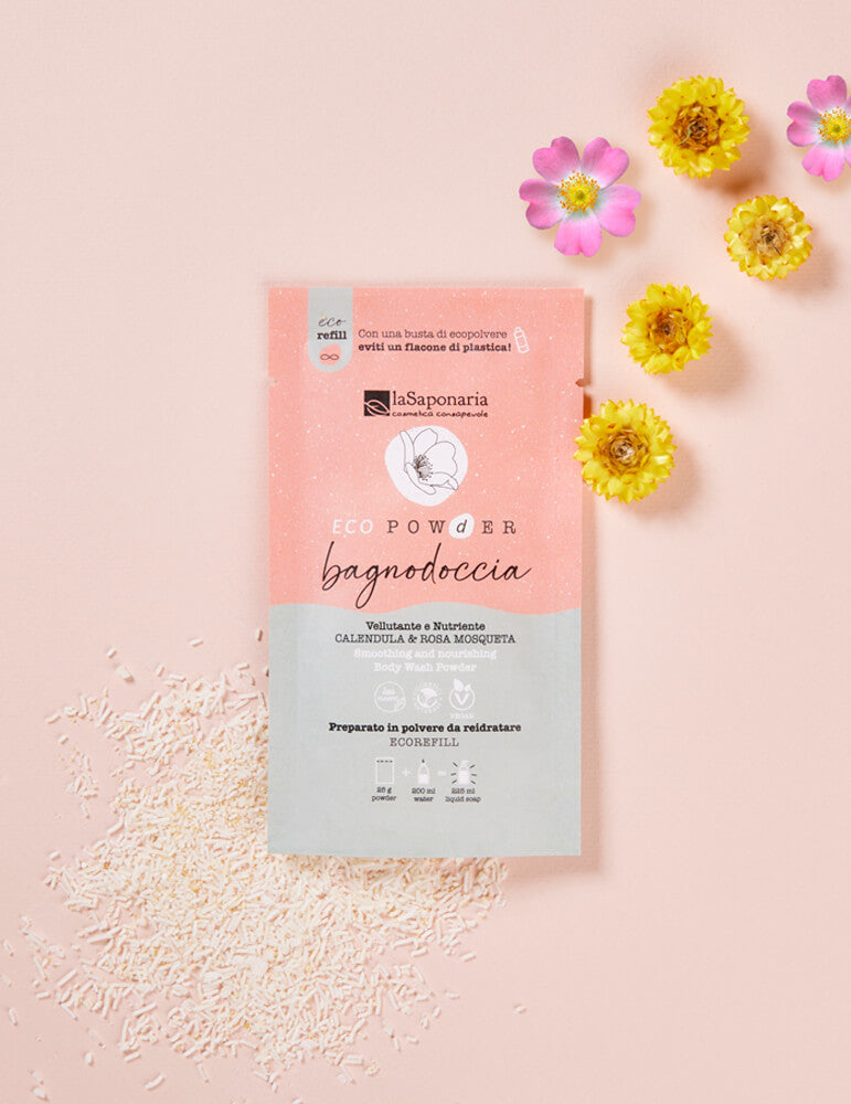 BAGNODOCCIA IN POLVERE LA SAPONARIA IN BUSTA DI CARTA ROSA E AZZURRA