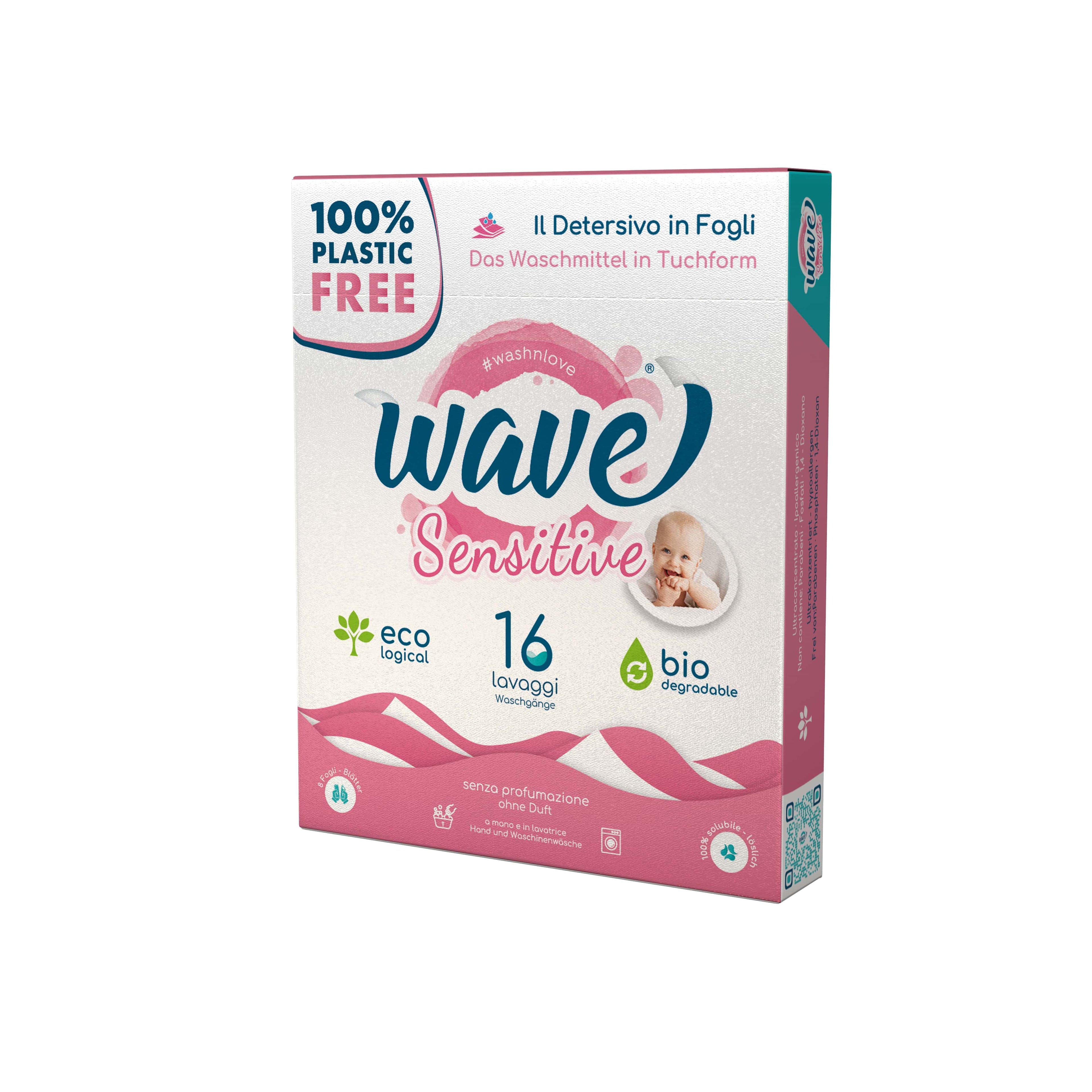 Fogli detergenti per bucato Wave Washing Sensitive adatti per pelli delicate e abbigliamento bambino in confezione compatta, alternativa ecologica al detersivo liquido 16 lavaggi