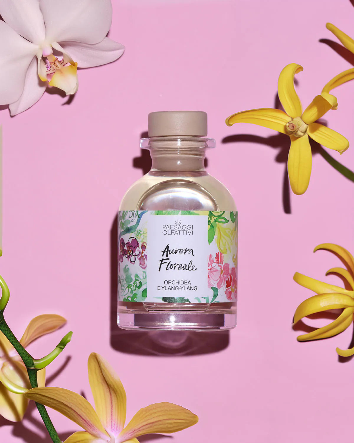 Profumatore d’ambiente Domea Aurora Floreale in flacone di vetro con bastoncini diffusori, etichetta illustrata floreale e design elegante.