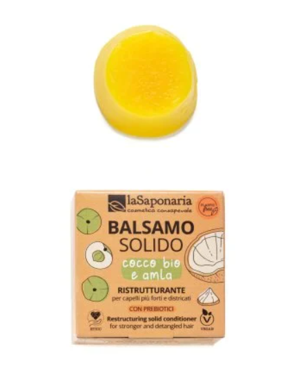 LA SAPONARIA: Balsamo Solido Ristrutturante. colore giallo. forma tonda.