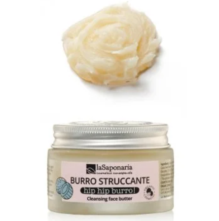 LA SAPONARIA: Hip Hip Burro! Burro struccante concentrato. in barattolo di vetro opaco con tappo alluminio. etichetta rosa chiaro con scritte. sopra al barattolo si vede noce di prodotto. consistenza cremosa,colore bianco