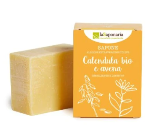 LA SAPONARIA: Sapone Solido Calendula e Avena. panetto rettangolare color giallo chiaro. confezione in cartone giallo con scritte bianche