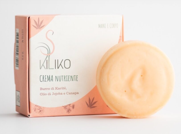 CREMA SOLIDA ROTONDA COLORE ROSA CHIARO,MARCHIO KILIKO; CREMA NUTRIENTE PER MANI E CORPO A BASE DI BURRO DI Karitè, olio di jojoba e canapa