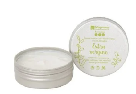 IMMAGINE DI CREMA MANI ALL'OLIO EXTRA VERGINE LA SAPONARIA. IN VASETTO METALLICO TONDO. ETICHETTA BIANCA CON SCRITTA VERDE