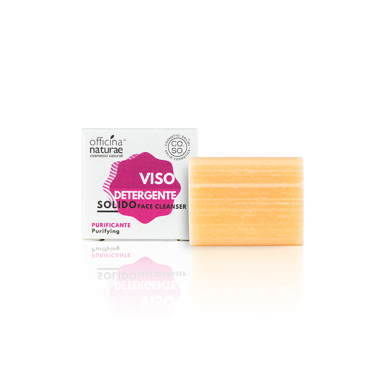 Detergente solido viso Officina Naturae purificante in formato mini size, panetto compatto per la detersione quotidiana del viso.colore arancione