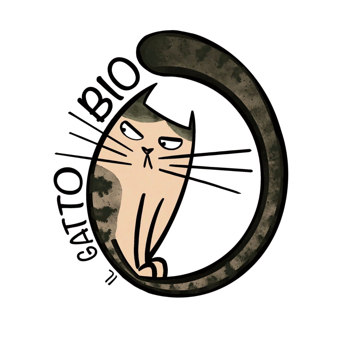 “Logo stilizzato raffigurante un gatto dal corpo ovale e allungato, con espressione leggermente imbronciata. La coda forma un cerchio che avvolge il corpo del gatto. Il colore è beige con macchie scure. Ai lati del corpo, seguendo il cerchio della coda, si leggono le parole ‘GATTO BIO’.”