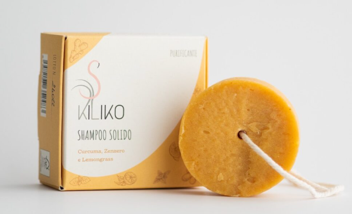 SHAMPOO SOLIDO KILIKO COLORE ARANCIONE. CON CORDINO. CURCUMA ZENZERO E LEMONGRASS