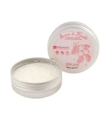 IMMAGINE BURRO DI KARITè LA SAPONARIA IN VASETTO DI METALLO TONDO CON SCRITTA ROSSA