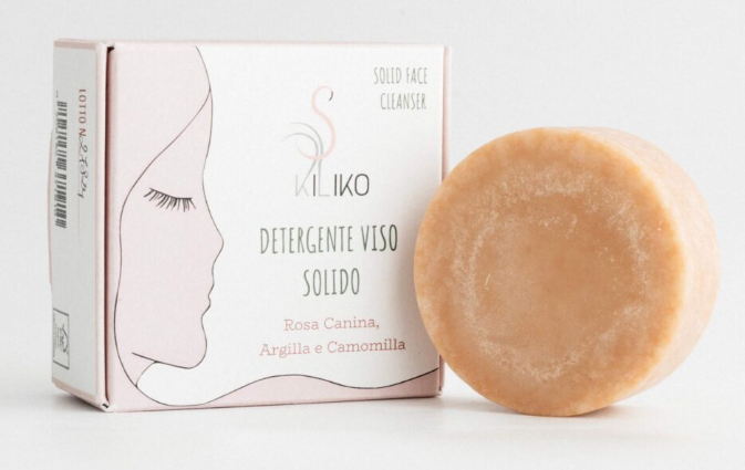 DETERGENTE VISO SOLIDO KILIKO. FORMA TONDA COLORE ROSA. ALLA ROSA CANINA,ARGILLA E CAMOMILLA