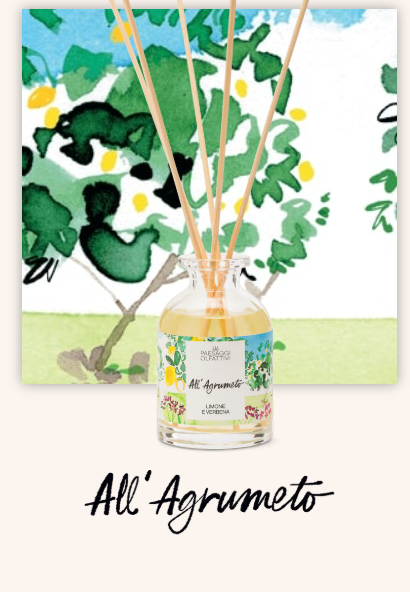 Diffusore d’ambiente Domea All’Agrumeto con flacone in vetro, bastoncini naturali ed etichetta ispirata agli agrumi mediterranei.