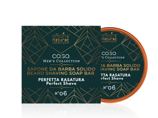 sapone da barba solido numero 6 uomo officina naturae. in confezione di alluminio color bronzo e petrolio tonda.