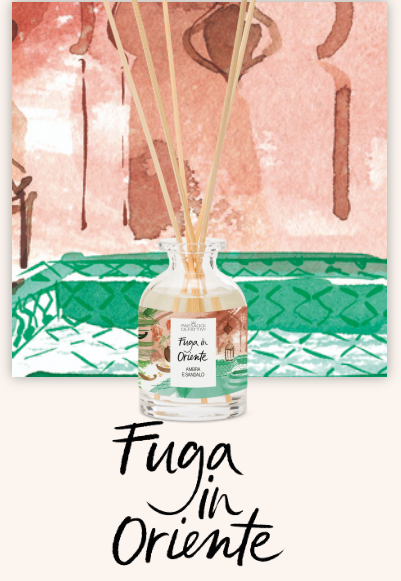 profumatore fuga in oriente ha colori sul marrone e il verde e lo sfondo ricorda un hammam marocchina