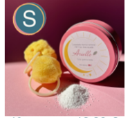 Spugna mestruale Arielle in spugna naturale con anello, accanto al barattolo rosa del prodotto con un mucchio di percarbonato,su sfondo rosa e bollino taglia s