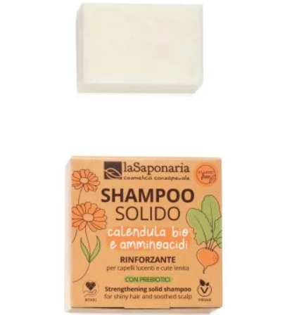 LA SAPONARIA: Shampoo Solido Rinforzante.bianco. confezione arancione con scritte nere e bianche.fiori sullo sfondo.